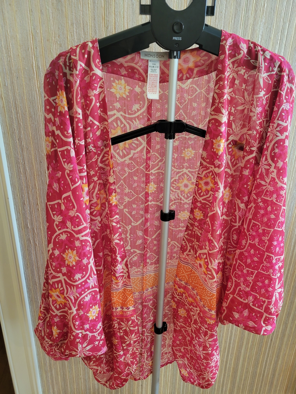 Monsoon Pink Floral-Print Kimono Jacket with Orange Accent